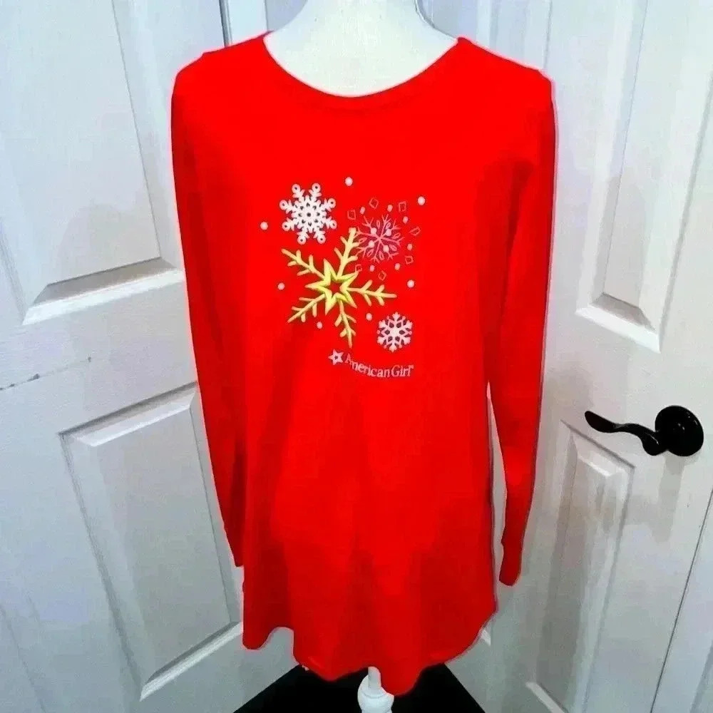 American Girl Red Snowflake embroidered t-shirt dress long sleeve NWOT